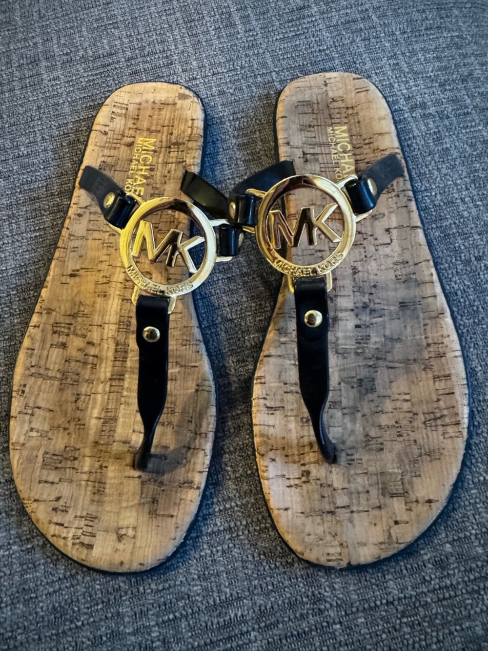 Michael Kors Black and Gold MK Logo Thong Sandals
